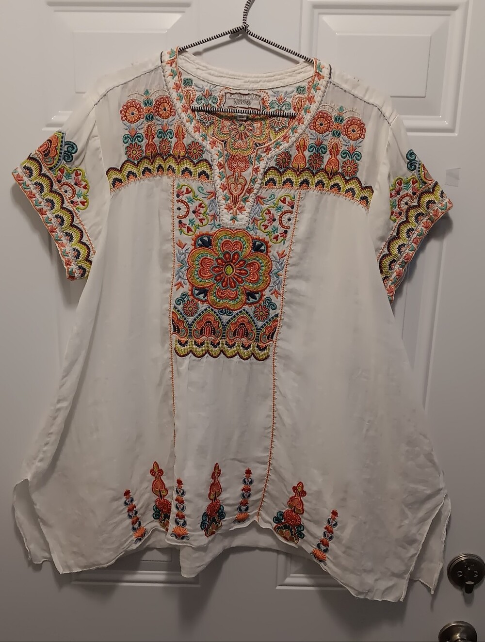 Lovely Johnny Was White Tunic with Multicolor Floral Embroidery